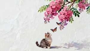 花枝下的猫咪和蝴蝶