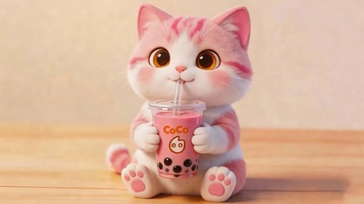 萌宠猫咪喝着奶茶