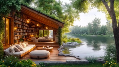 幽静树林河边木屋