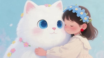 女孩和大白猫治愈插画