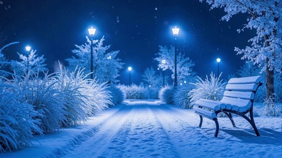 雪夜路灯长椅