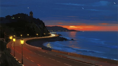 护眼夜景海景油画