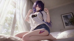 卧室紫发二次元美少女