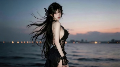 夜景海边女孩