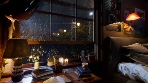 温馨雨夜小屋房间