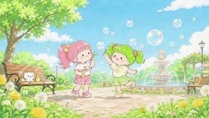 春日公园玩泡泡的可爱小女孩