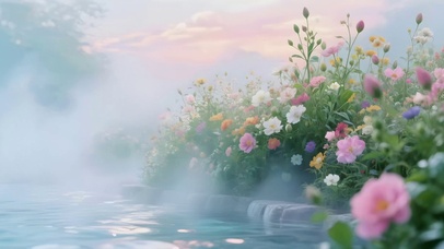 清晨河流边鲜花