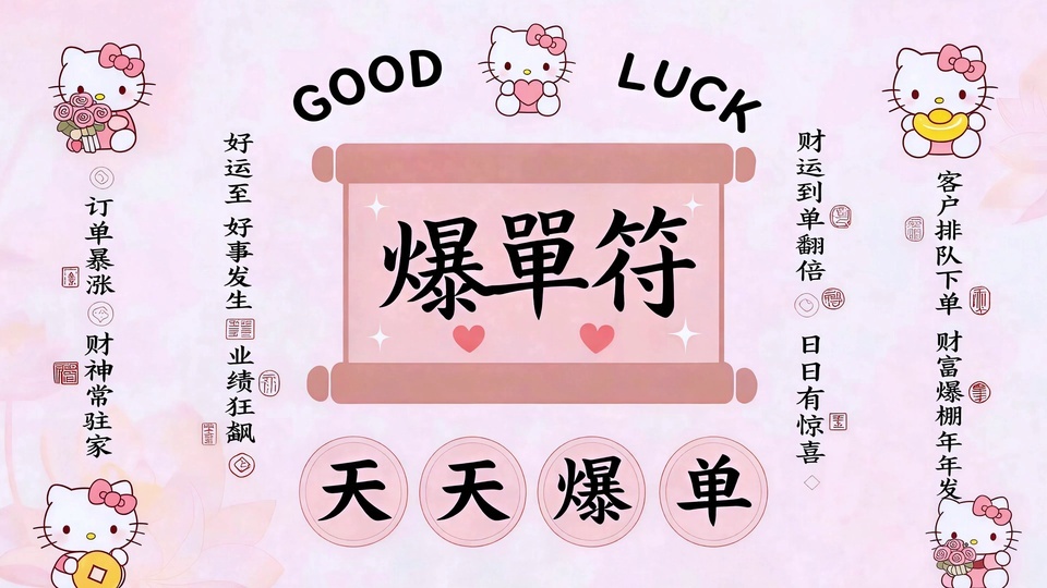 粉色卡通风画面，中央设爆单符卷轴板块，多只戴粉色蝴蝶结的Hello Kitty分别持玫瑰花束、爱心、金元宝与铜钱，搭配竖排祝福文字与红色印章，点缀红心和白星。