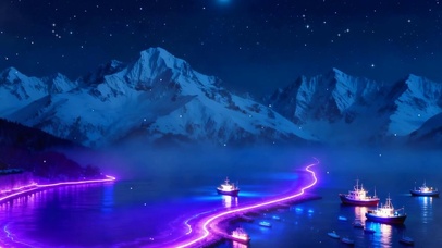 夜景雪山海景树木双屏