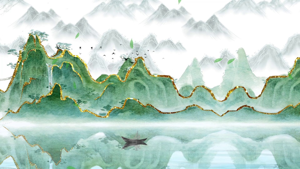 鎏金勾边青绿山水，层叠山峦间江面漂浮着木质小舟，留白衬出远山的水墨意境