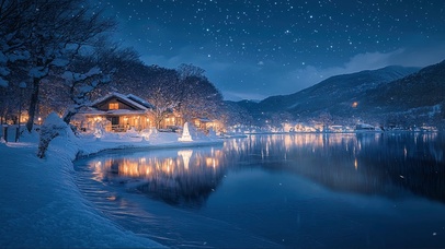 冬日积雪湖畔小镇夜景