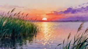 晚霞湖泊