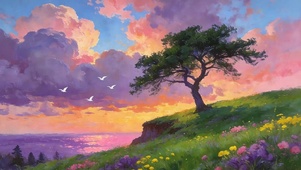 晚霞树木