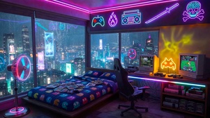 霓虹雨夜电脑游戏房间