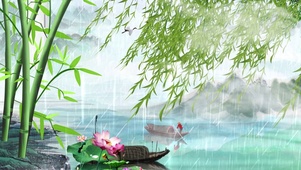 竹林山水小船荷叶风景画