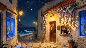 夜景海景房屋树木