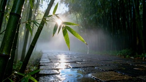 竹林雨后晨光