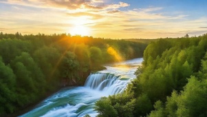 夕阳山川河流4K