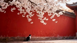 红墙樱花树下猫咪