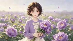 紫牡丹花间少女