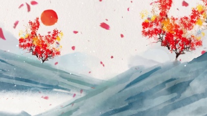 中国风水墨古风旭日东升秋季枫叶