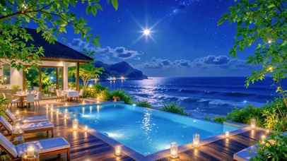 星空海景无边泳池夜景