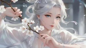 飘带白发女神抱花枝