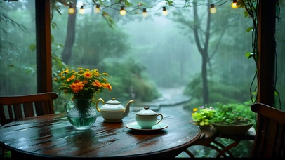 春雨天木屋品茶 