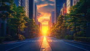 城市静谧微光落日街道