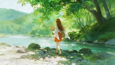 夏日河流边女孩
