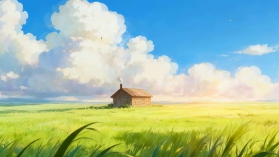 护眼蓝天白云树木房屋景色双屏