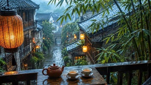 江南雨景小镇