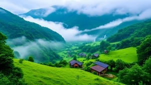 绿色云雾缭绕山丘