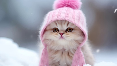 雪中粉帽可爱小猫咪