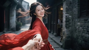 牵手红衣女孩