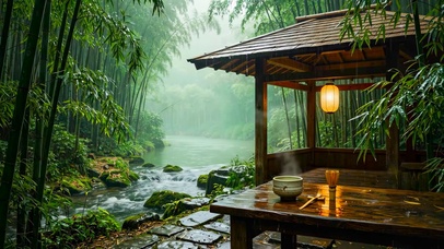 竹林流水木亭
