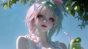 青柠树下的粉发少女