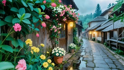 雨天的院墙鲜花