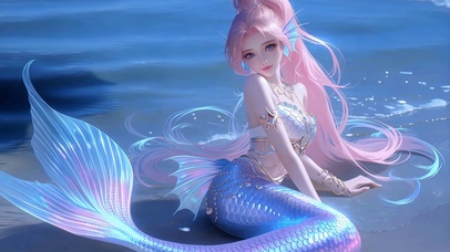 高马尾海滩人鱼少女