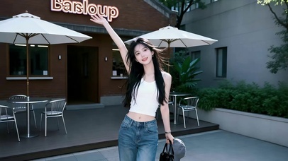 咖啡馆前蓝色牛仔裤美女