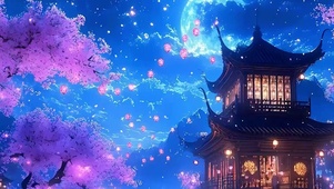夜景古风樱花树木带鱼屏
