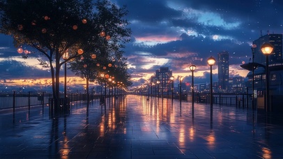 城市傍晚静谧雨夜风景
