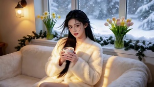 温馨房间穿保暖绒衣品咖啡的美女