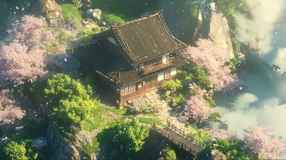 山顶樱花绿树古风建筑