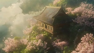 朦胧云雾粉樱山林古亭