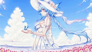 蓝蝶海岸花海白裙守岸人