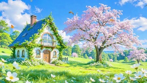 护眼蓝天下绿色小屋