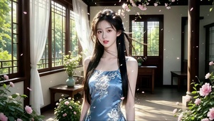 古宅大厅里赏景的美女