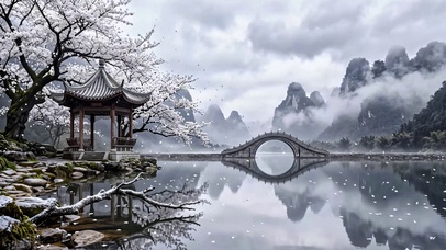 烟雨水墨湖山