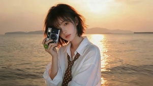 夕阳海边女孩